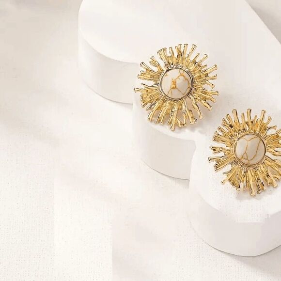 Golden Sun Flower Sun Shaped White Buffalo Turquoise Stud Earrings - Picture 5 of 5